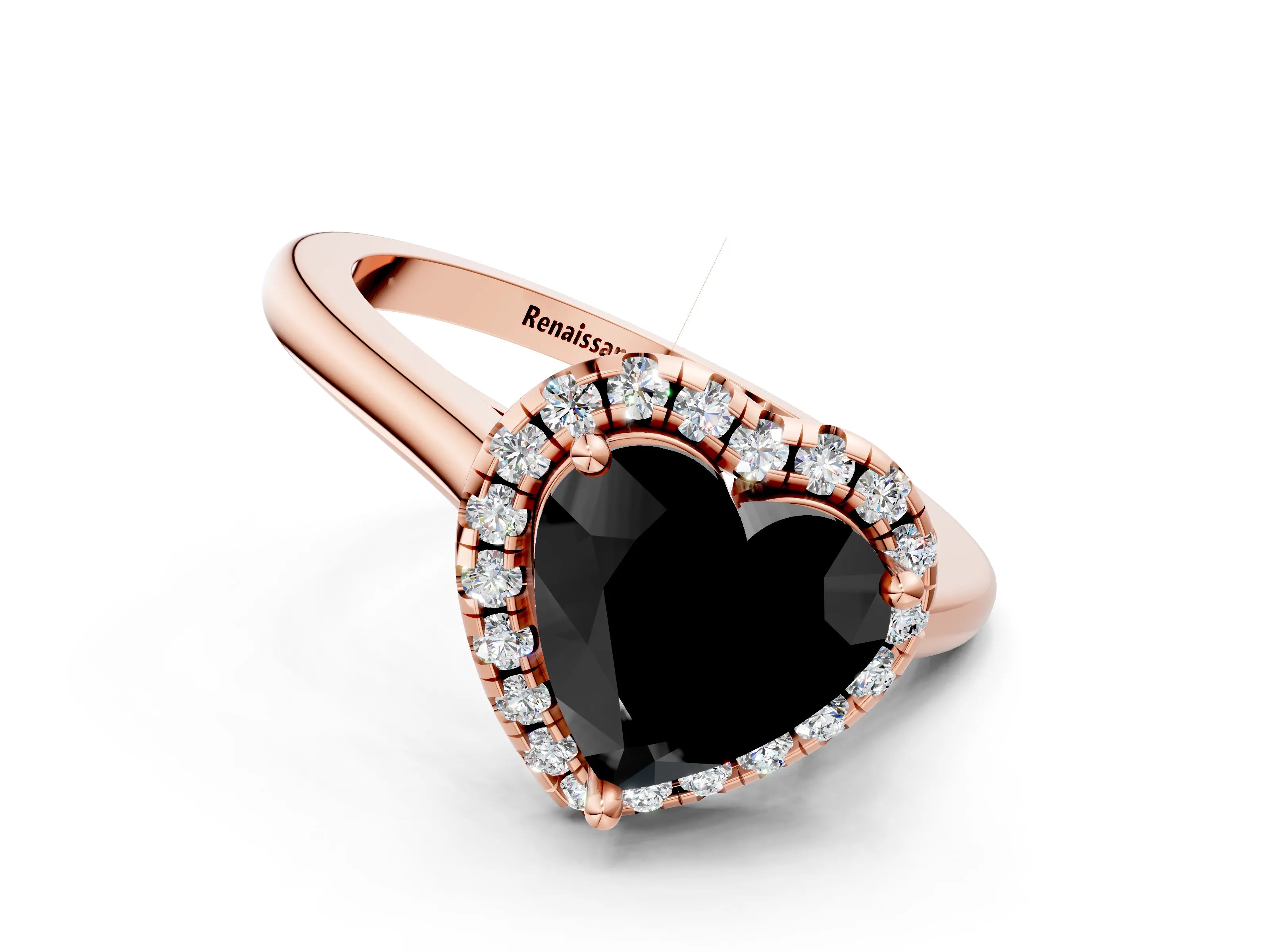 Rose gold Fancy Black Heart Cut Halo Round Diamond Solitaire Engagement Ring with Pave Band and Four-Prong Setting_12