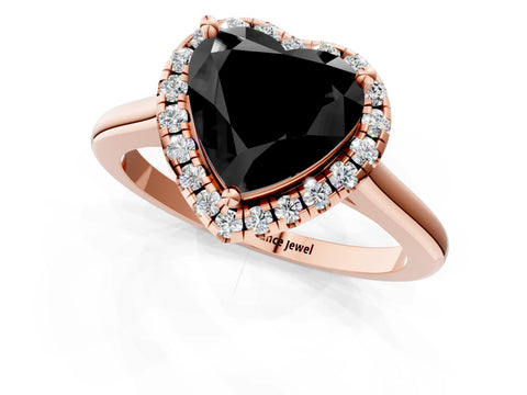 Rose gold Fancy Black Heart Cut Halo Round Diamond Solitaire Engagement Ring with Pave Band and Four-Prong Setting_13