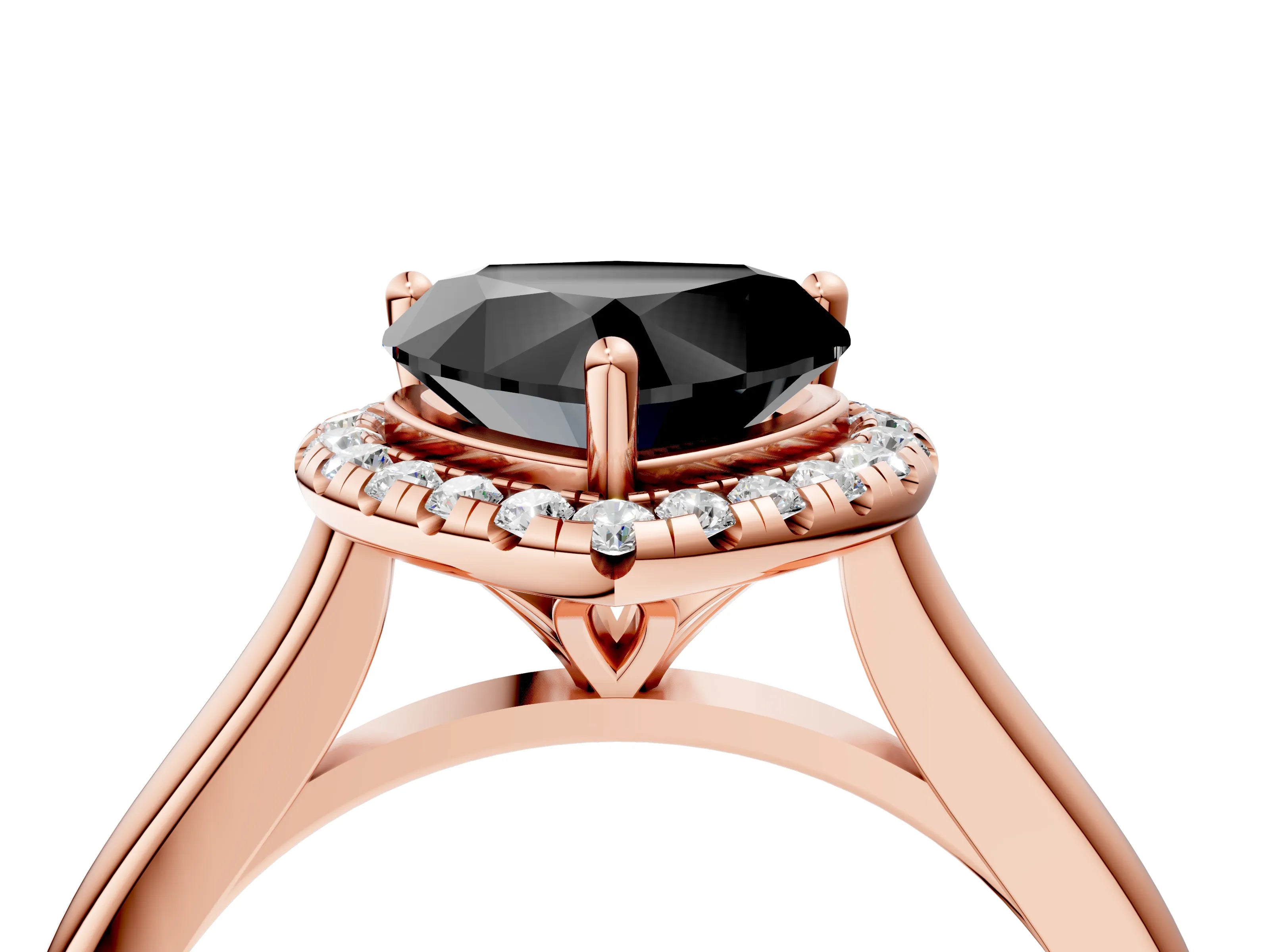 Rose gold Fancy Black Heart Cut Halo Round Diamond Solitaire Engagement Ring with Pave Band and Four-Prong Setting_16
