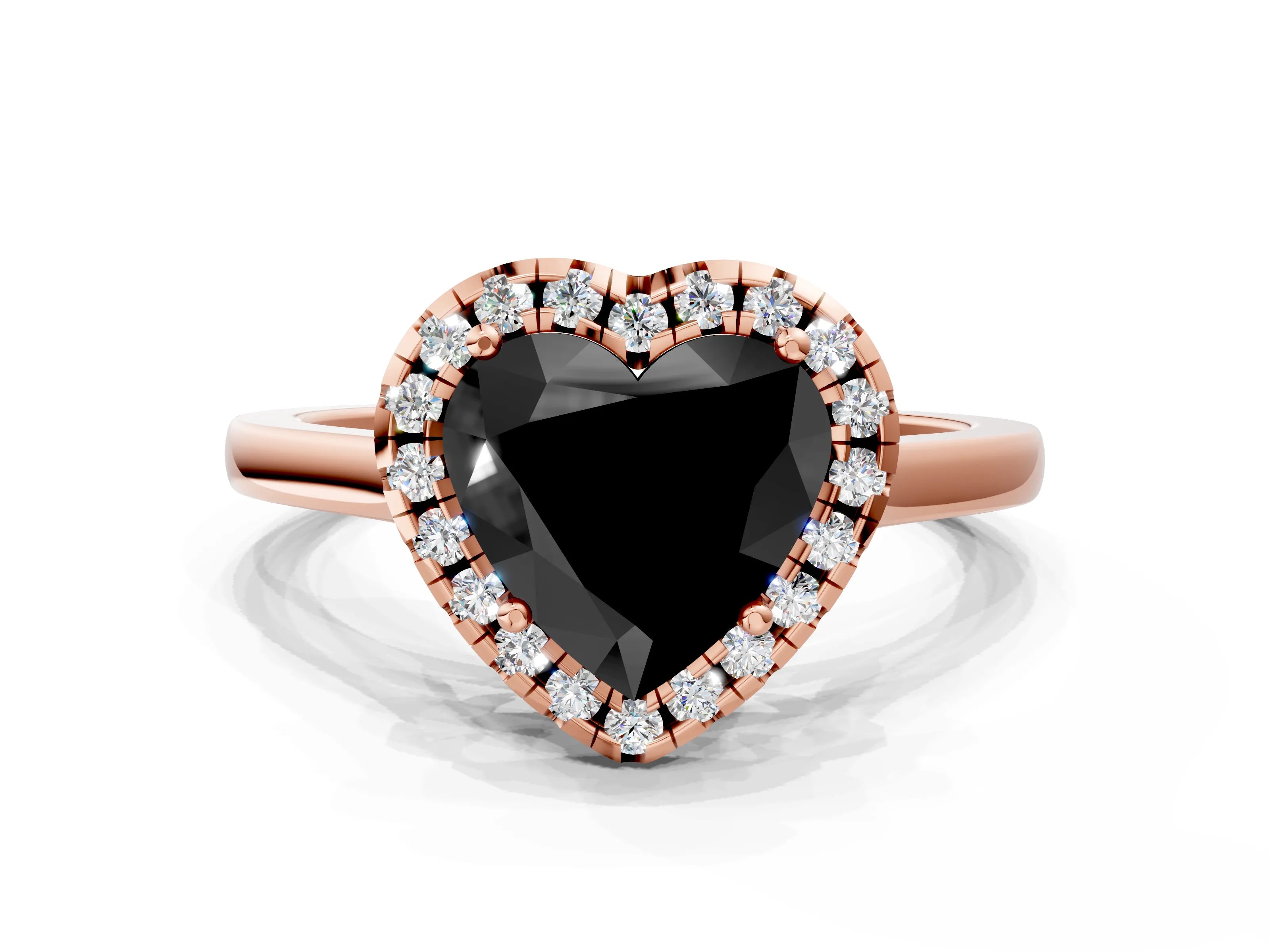 Rose gold Fancy Black Heart Cut Halo Round Diamond Solitaire Ring with Pavé Band and Four-Prong Setting_12