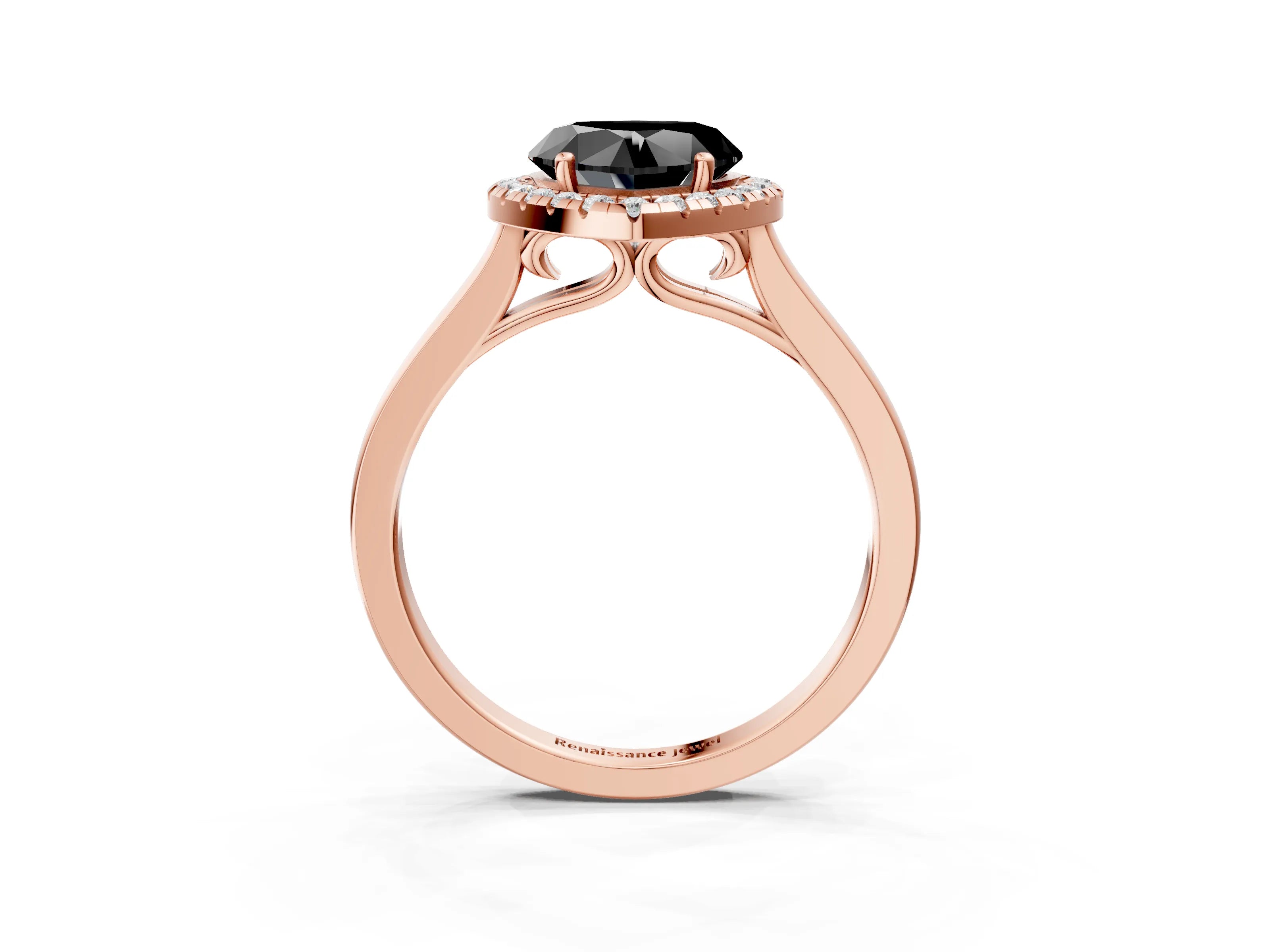 Rose gold Fancy Black Heart Cut Halo Round Diamond Solitaire Ring with Pavé Band and Four-Prong Setting_15
