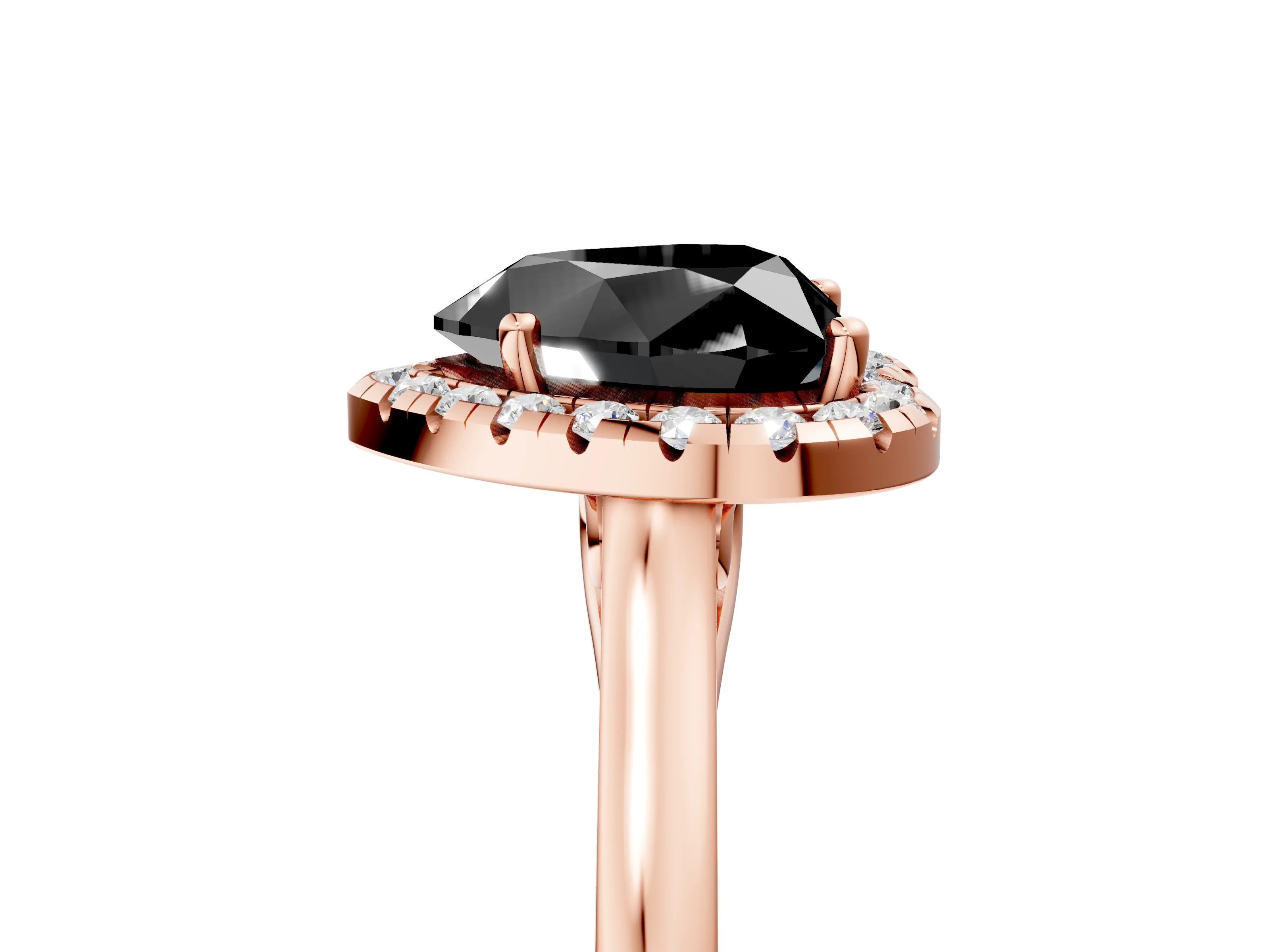 Rose gold Fancy Black Heart Cut Halo Round Diamond Solitaire Ring with Pavé Band and Four-Prong Setting_17