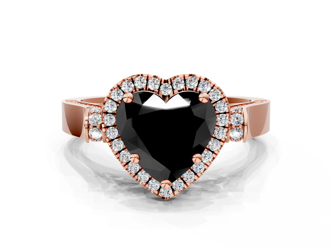 Rose gold Fancy Black Heart Cut Halo Round Diamond Twist Band with Four-Prong Setting