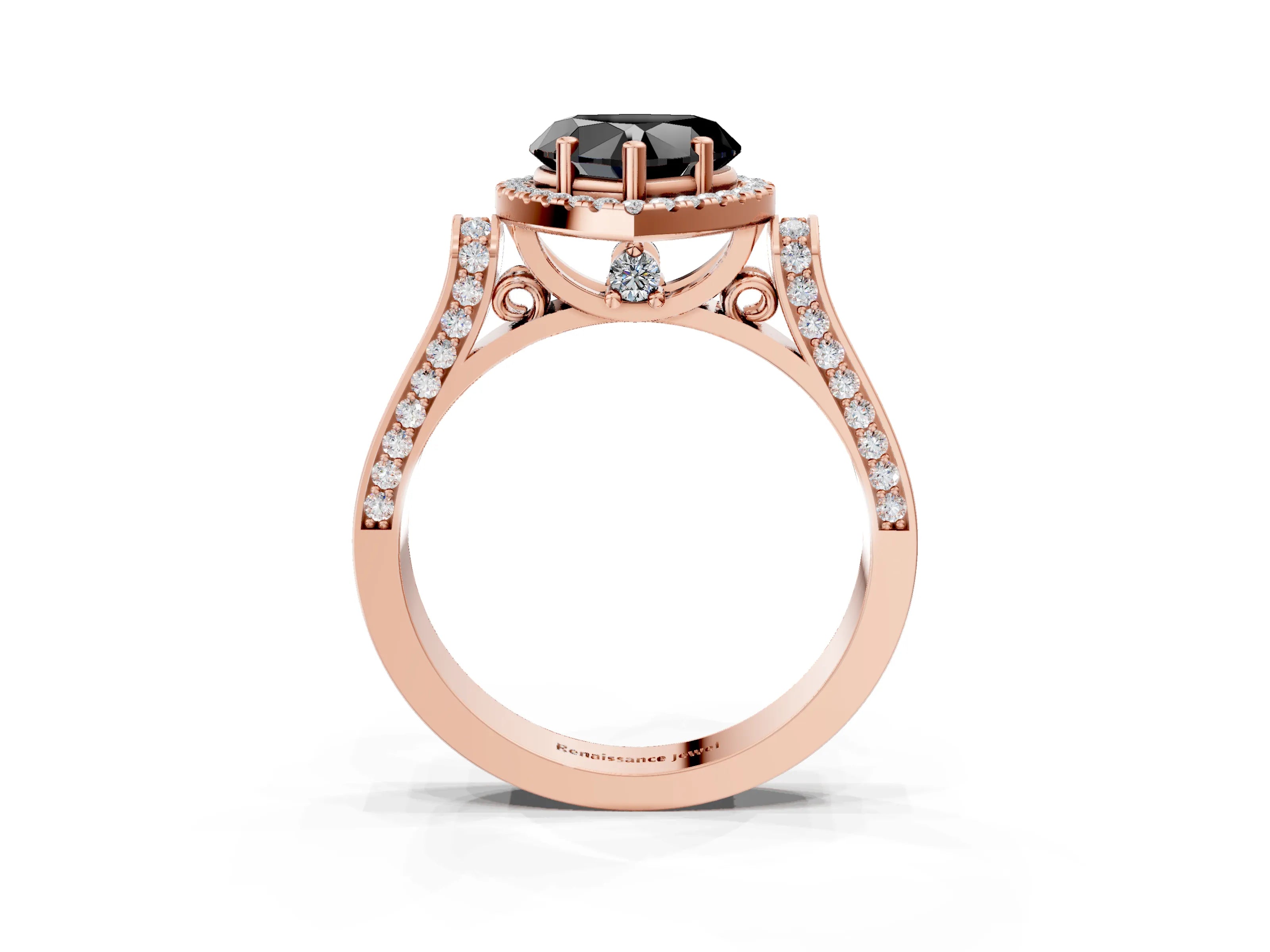 Rose gold Fancy Black Heart Cut Halo Round Diamond Twist Band with Four-Prong Setting_3