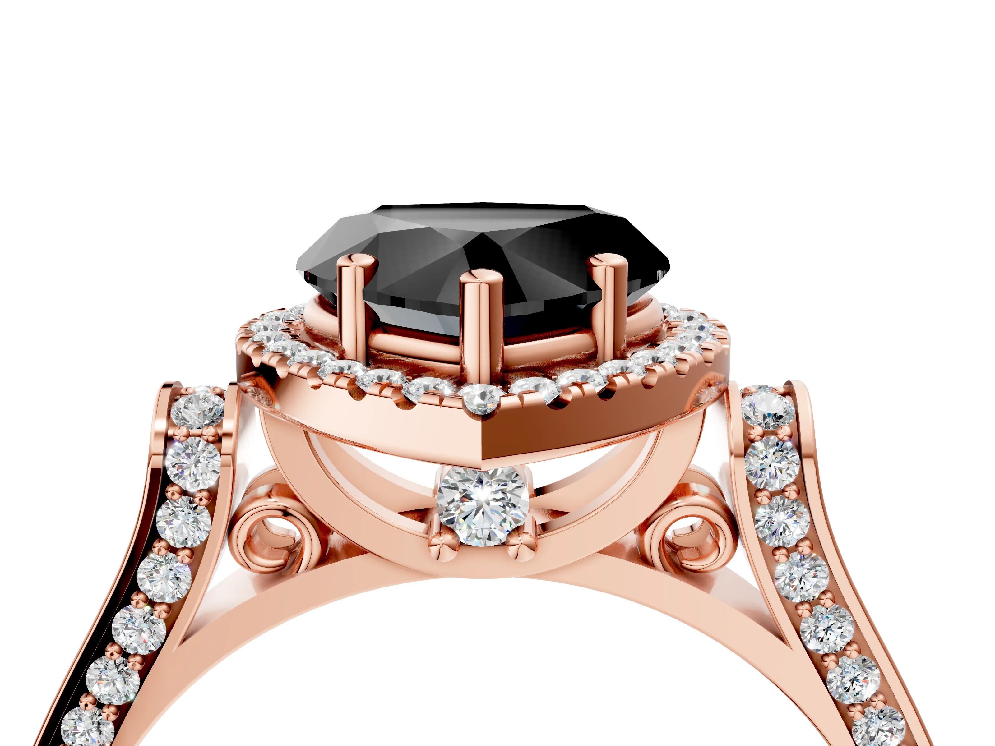 Rose gold Fancy Black Heart Cut Halo Round Diamond Twist Band with Four-Prong Setting_4