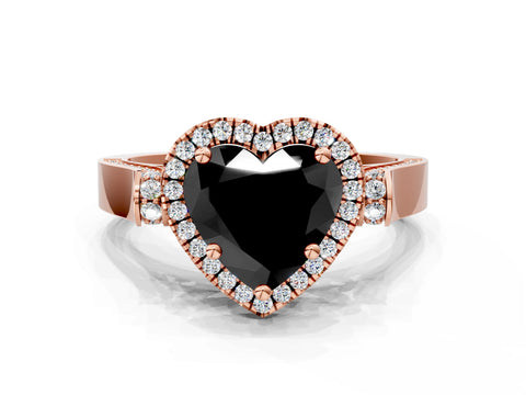 Rose gold Fancy Black Heart Cut Halo Round Diamond Twist Band with Four-Prong Setting