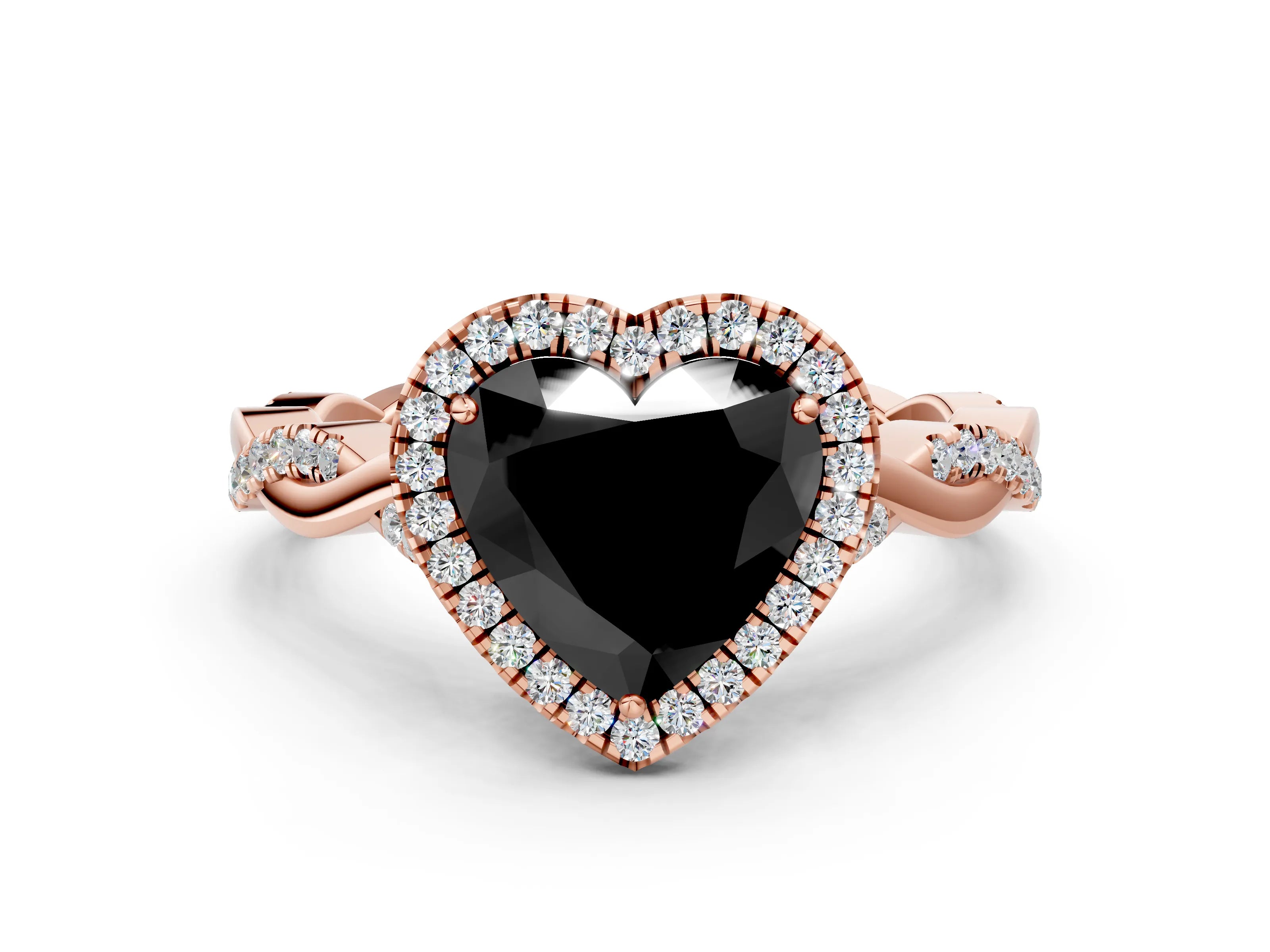 Rose gold Fancy Black Heart Cut Halo Twist Band with Four-Prong Setting