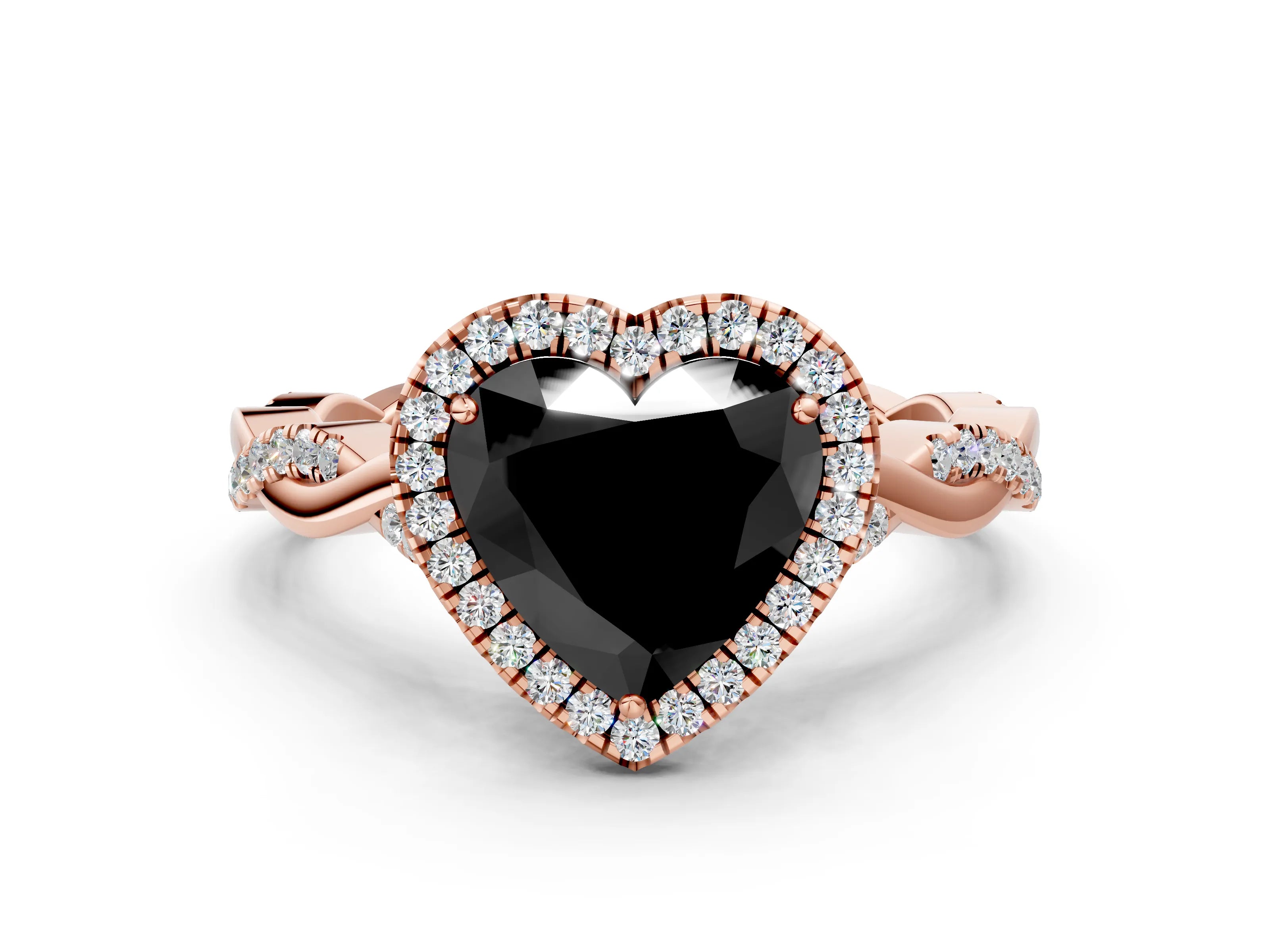 Rose gold Fancy Black Heart Cut Halo Twist Band with Four-Prong Setting_12
