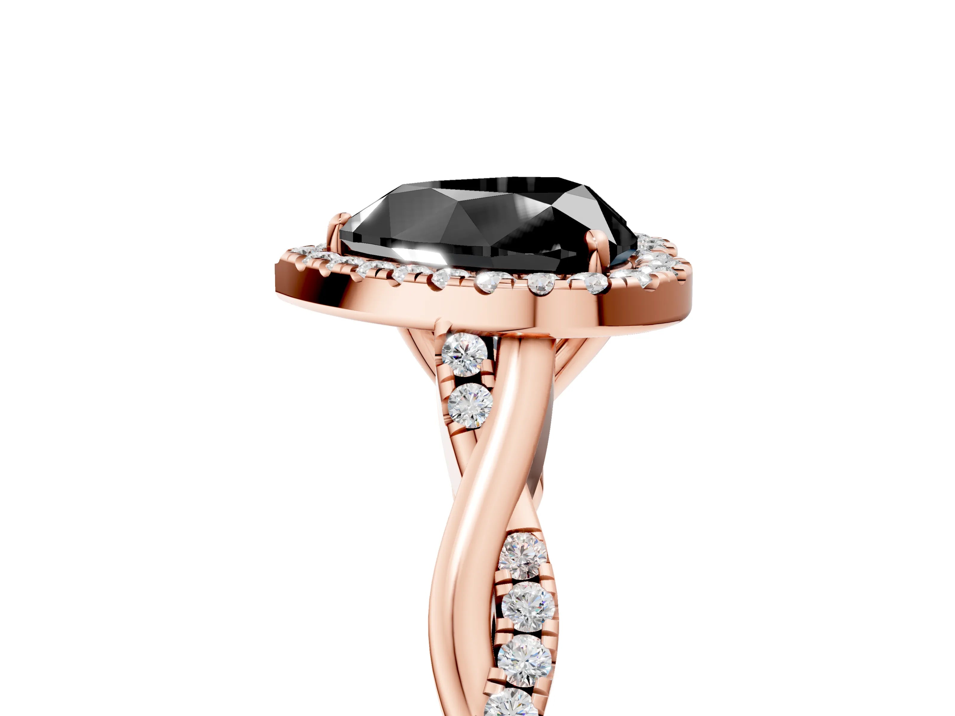 Rose gold Fancy Black Heart Cut Halo Twist Band with Four-Prong Setting_17