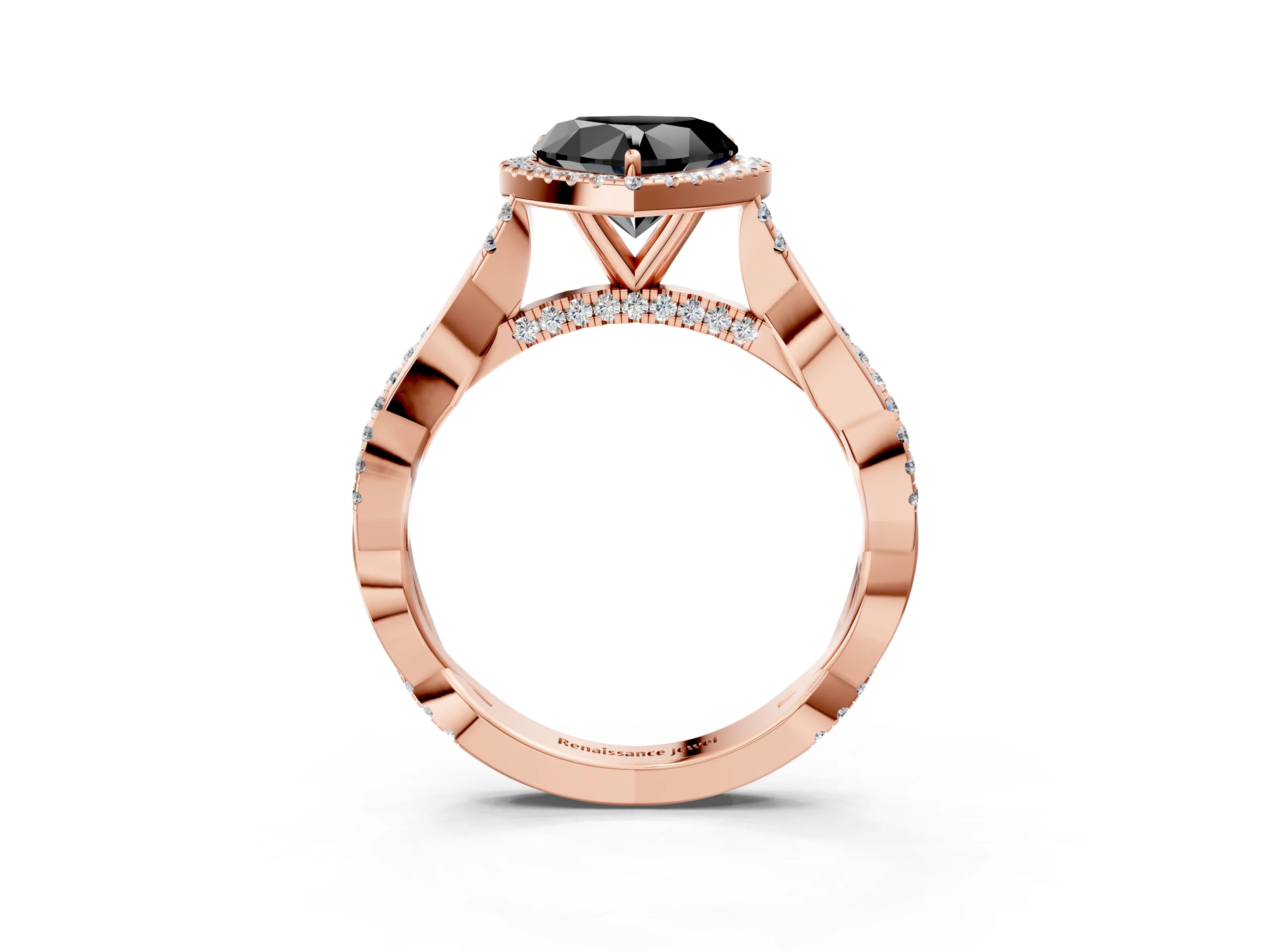 Rose gold Fancy Black Heart Cut Halo Twist Band with Four-Prong Setting_3