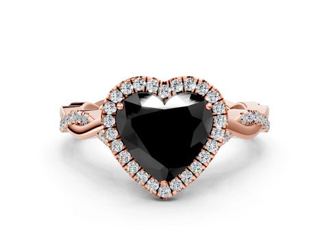 Rose gold Fancy Black Heart Cut Halo Twist Band with Four-Prong Setting