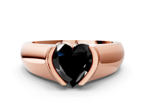 Rose gold Fancy Black Heart Cut Solitaire Bezel Set Diamond Ring with Wide Band