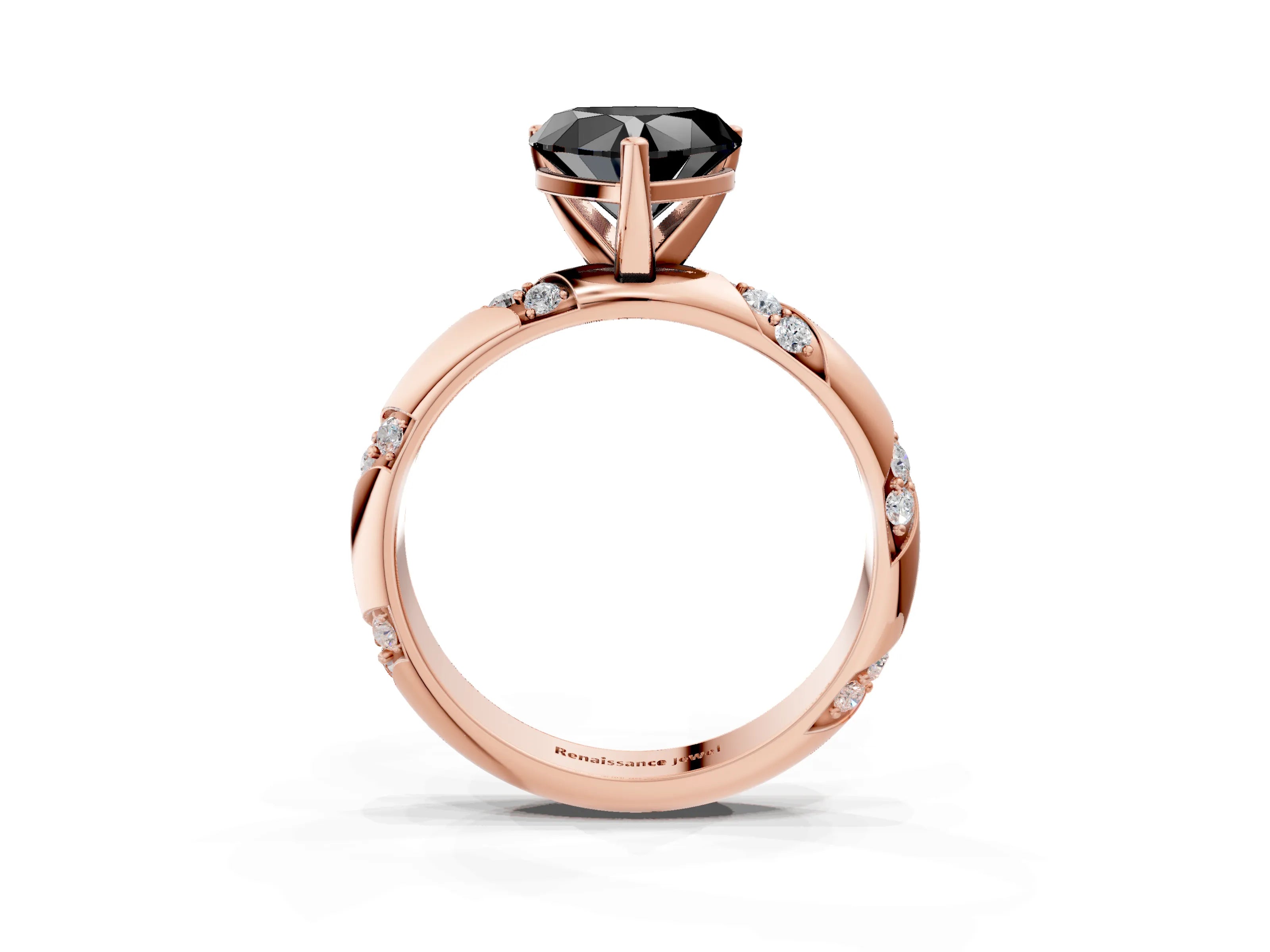 Rose gold Fancy Black Heart Cut Solitaire Diamond Engagement Ring with Twisted Pave Band and Four-Prong Setting_6