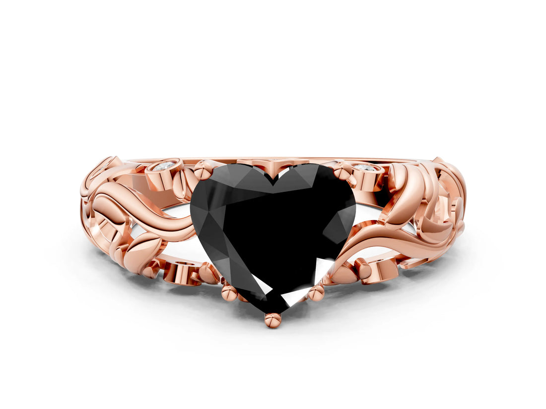 Rose gold Fancy Black Heart Cut Solitaire Diamond Leaf-Inspired Vine Band Ring with Prong Setting