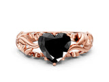 Rose gold Fancy Black Heart Cut Solitaire Diamond Leaf-Inspired Vine Band Ring with Prong Setting
