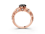 Rose gold Fancy Black Heart Cut Solitaire Diamond Leaf-Inspired Vine Band Ring with Prong Setting_3