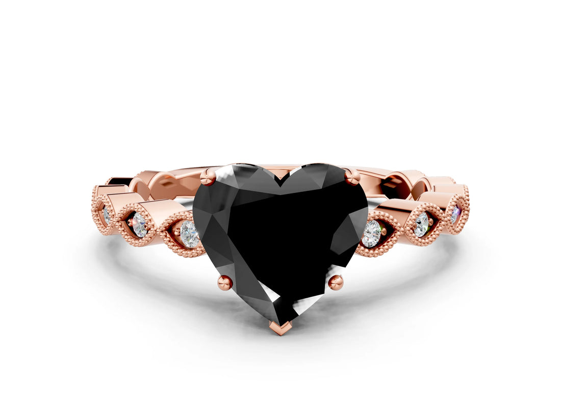 Rose gold Fancy Black Heart Cut Solitaire Diamond Ring with Infinity Twist Band and Four-Prong Setting