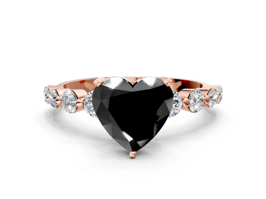 Rose gold Fancy Black Heart Cut Solitaire Diamond Ring with Pave Band and Four-Prong Setting