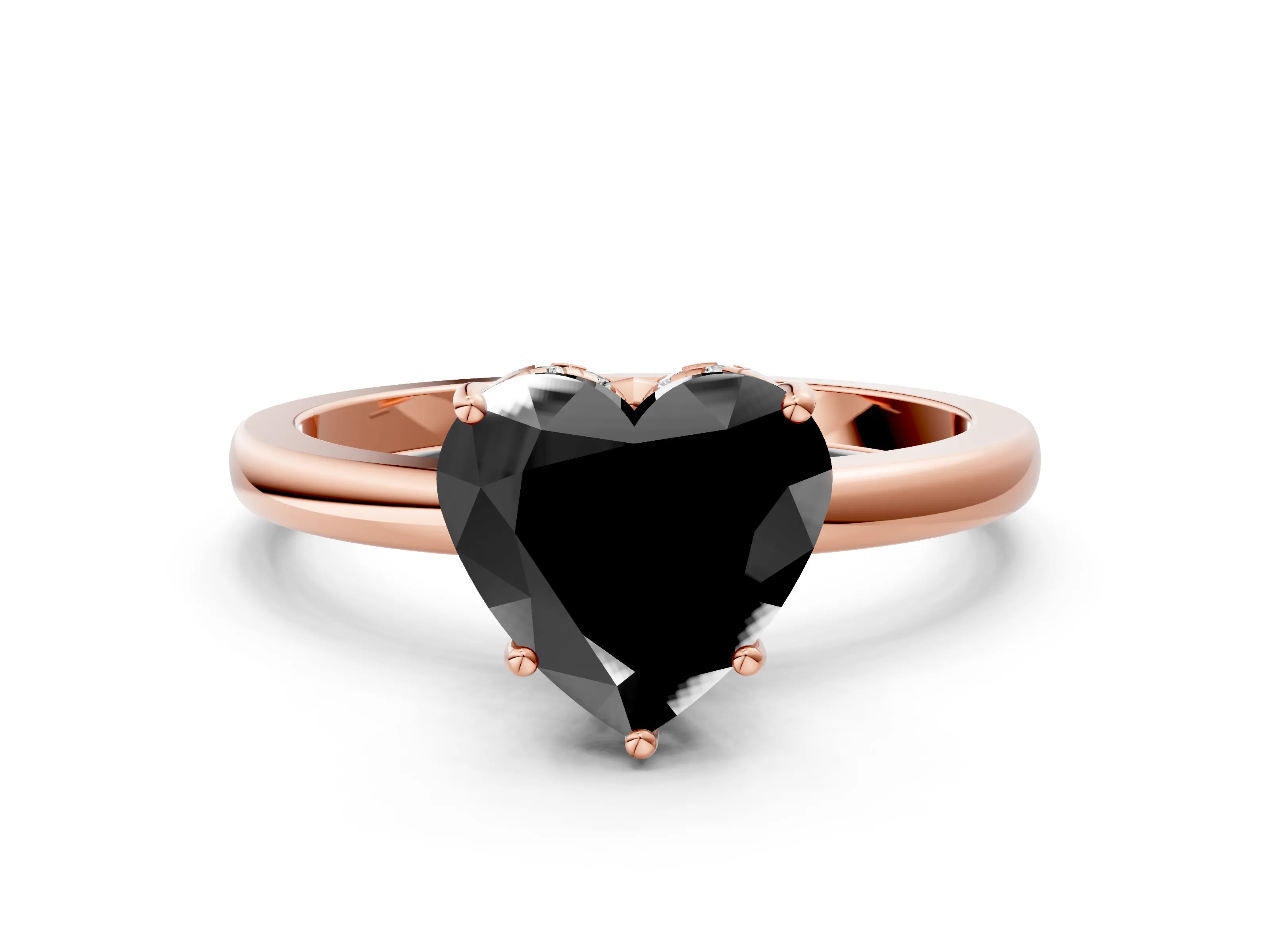 Rose gold Fancy Black Heart Cut Solitaire Diamond Ring with Prong Setting and Plain Band