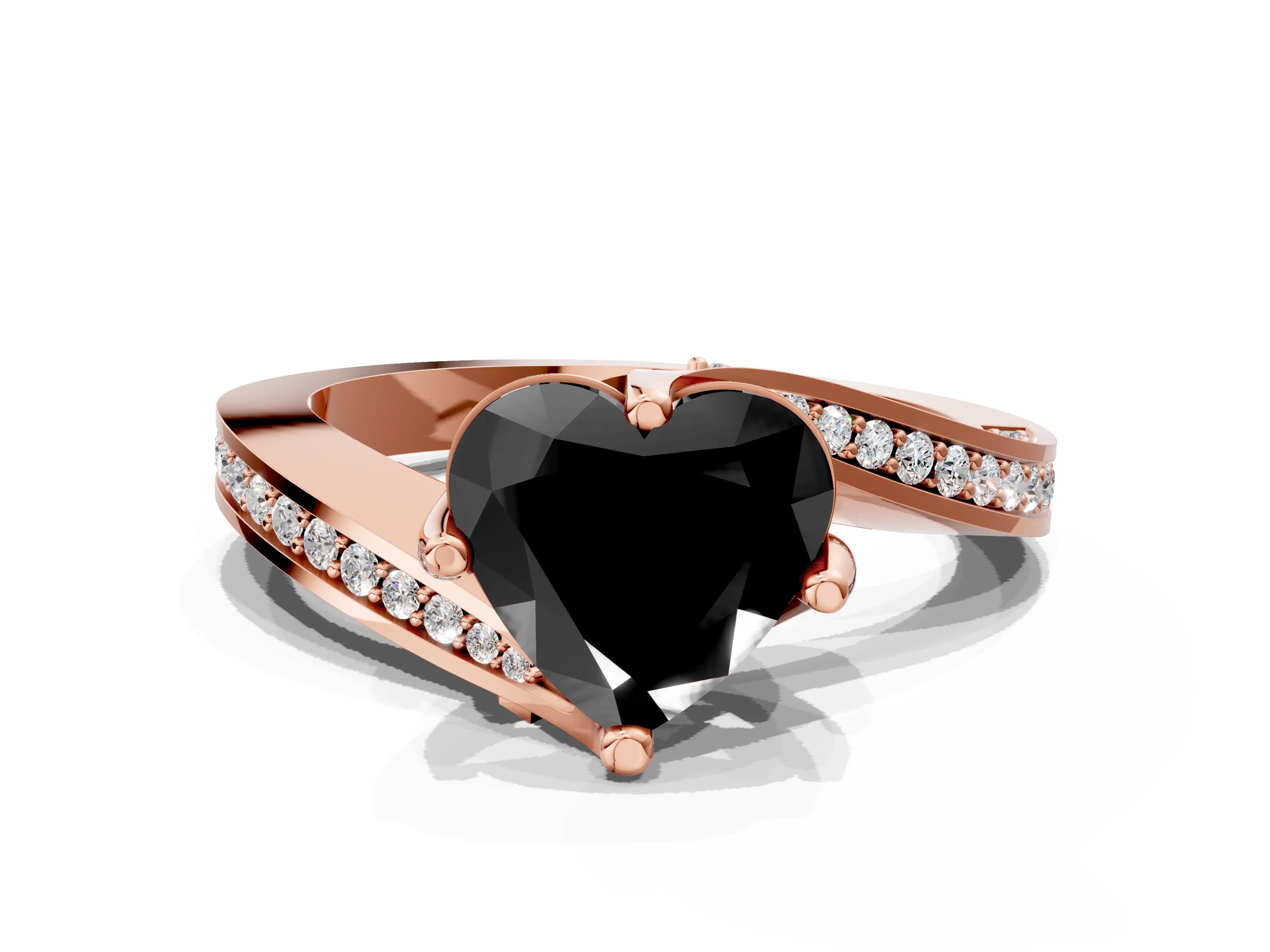 Rose gold Fancy Black Heart Cut Solitaire Diamond Twist Band with Pavé Setting and Four-Prong Setting
