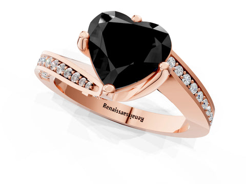 Rose gold Fancy Black Heart Cut Solitaire Diamond Twist Band with Pavé Setting and Four-Prong Setting_1