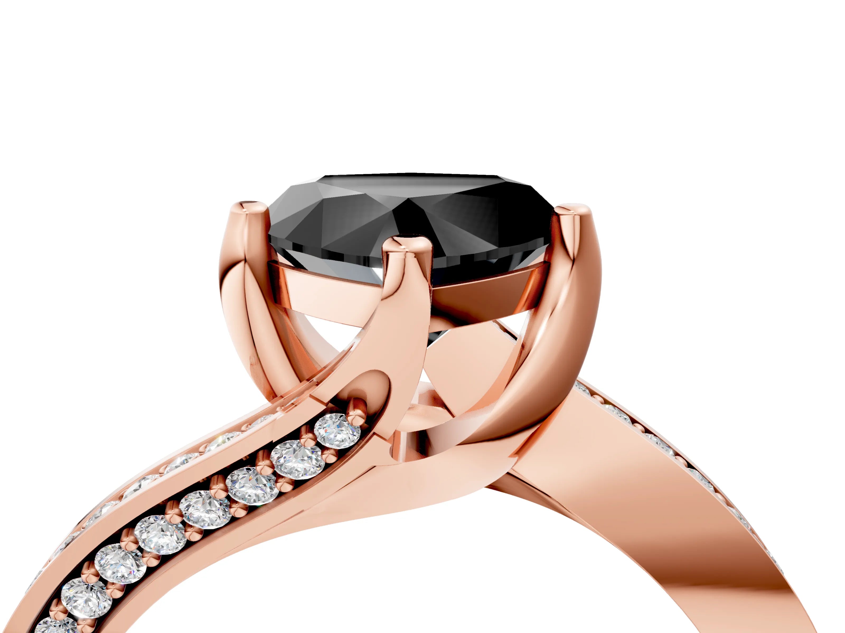 Rose gold Fancy Black Heart Cut Solitaire Diamond Twist Band with Pavé Setting and Four-Prong Setting_4