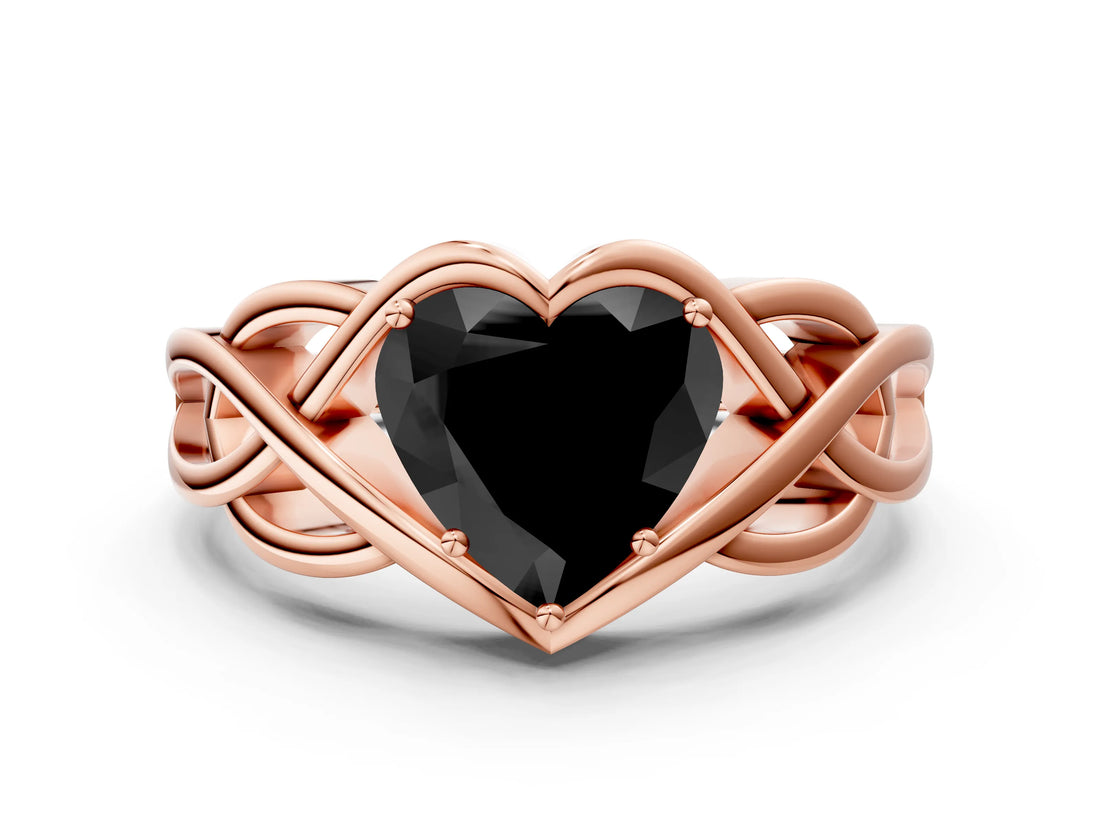 Rose gold Fancy Black Heart Cut Solitaire Intertwined Band Prong Setting Ring