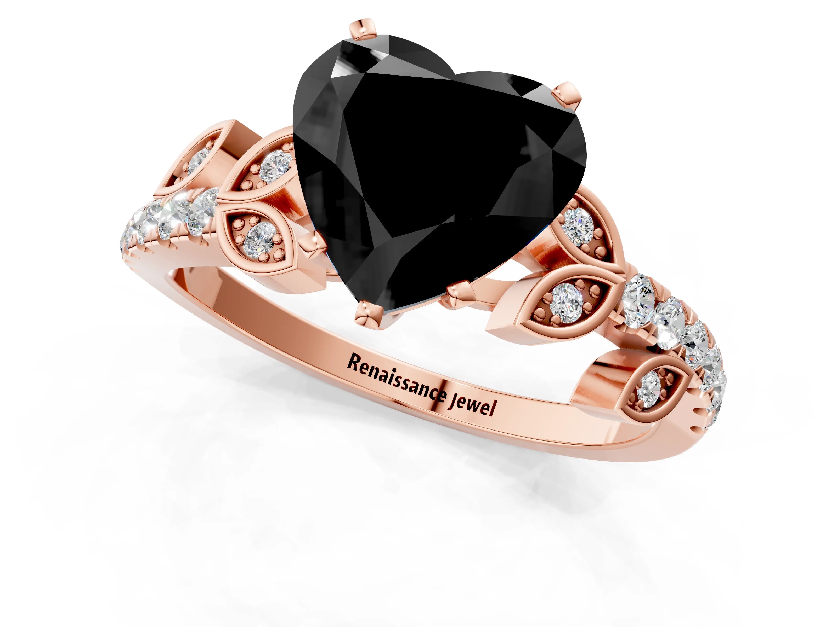 Rose gold Fancy Black Heart Cut Solitaire Leaf-Inspired Diamond Ring with Pavé Band and Four-Prong Setting_1