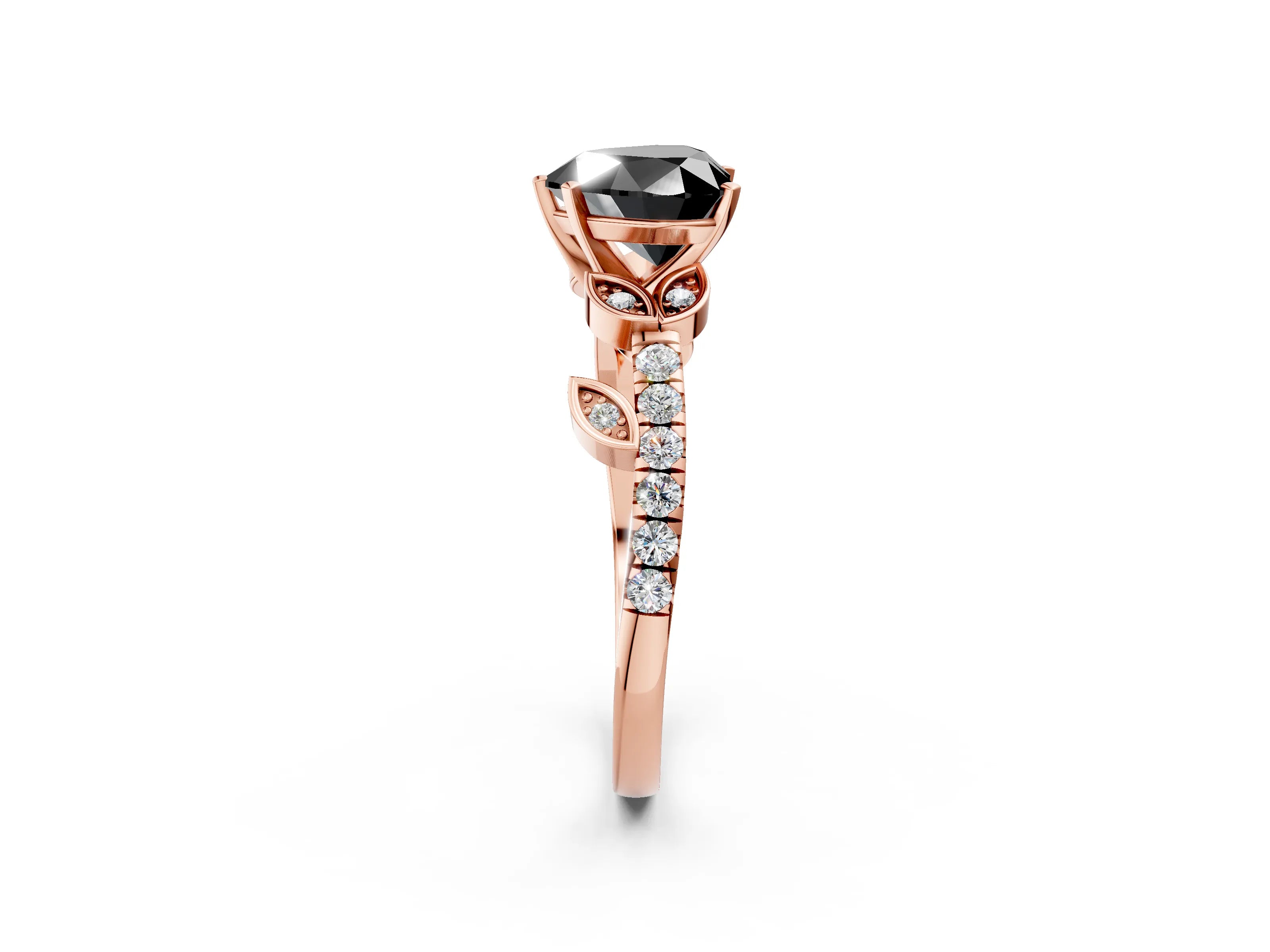Rose gold Fancy Black Heart Cut Solitaire Leaf-Inspired Diamond Ring with Pavé Band and Four-Prong Setting_2