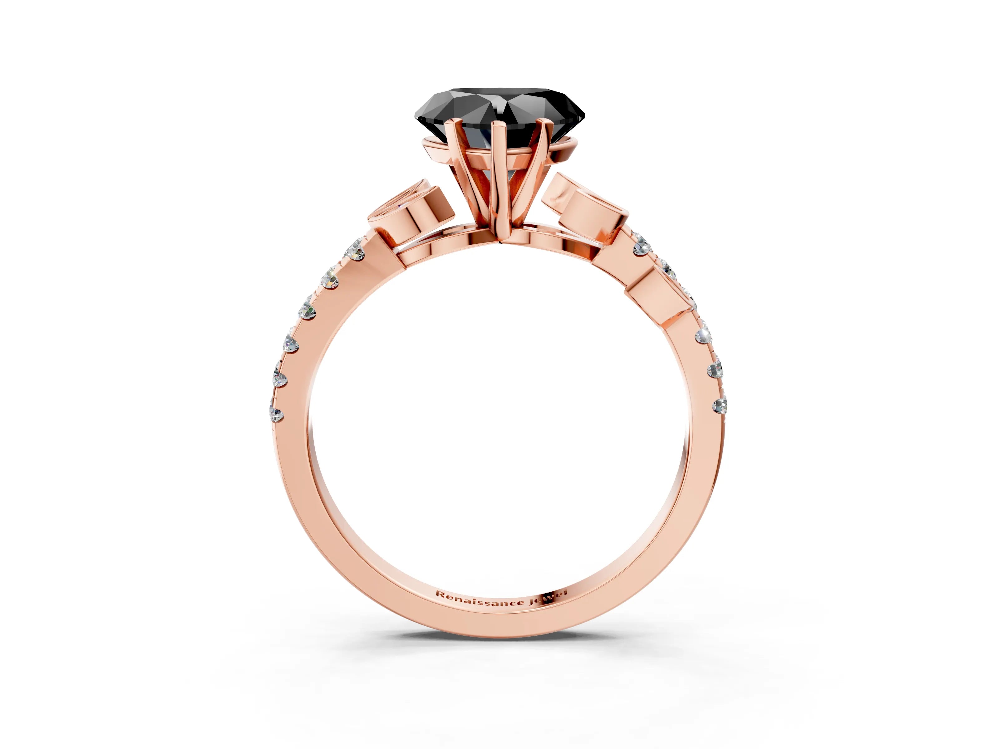 Rose gold Fancy Black Heart Cut Solitaire Leaf-Inspired Diamond Ring with Pavé Band and Four-Prong Setting_3