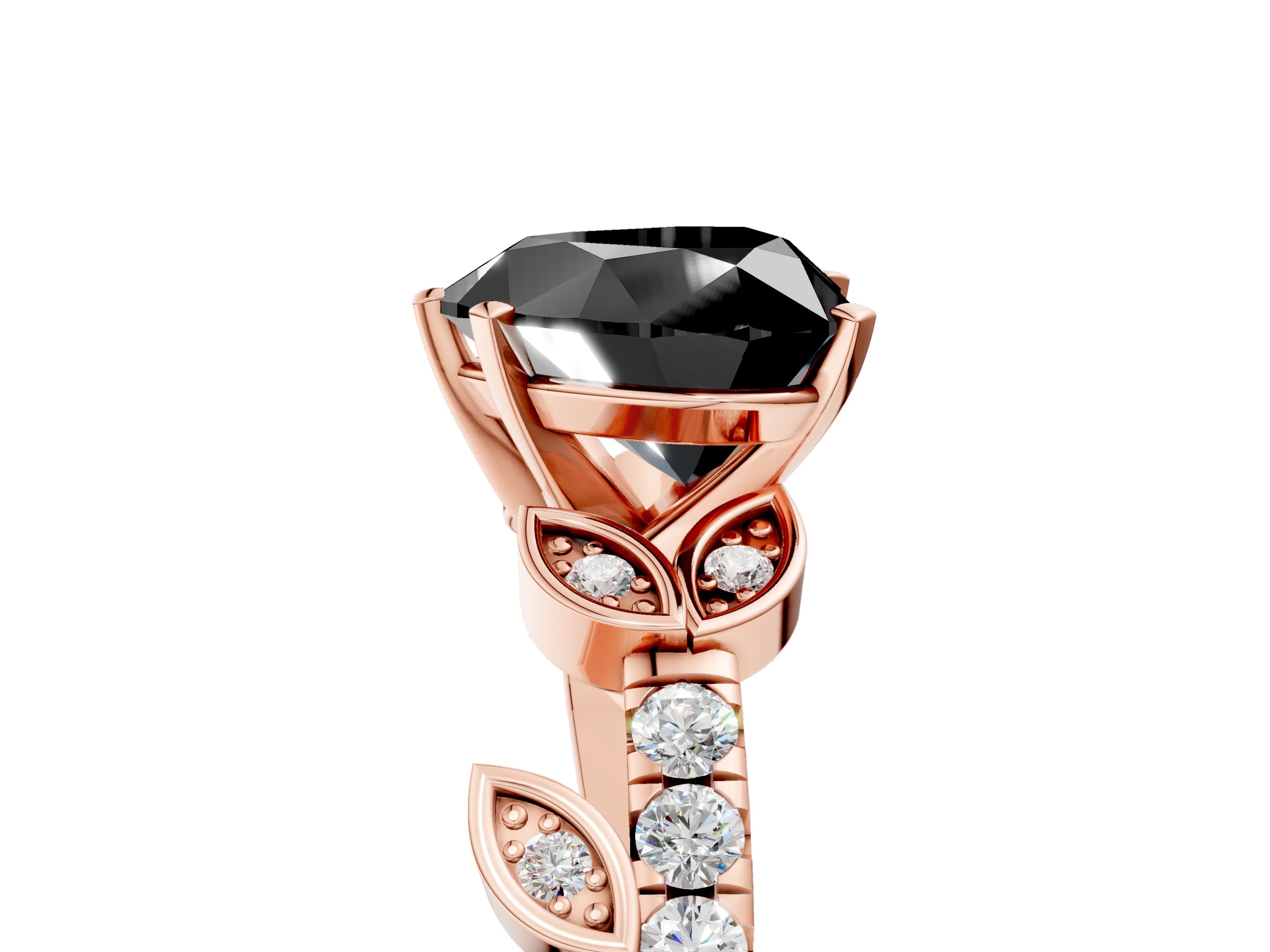 Rose gold Fancy Black Heart Cut Solitaire Leaf-Inspired Diamond Ring with Pavé Band and Four-Prong Setting_5