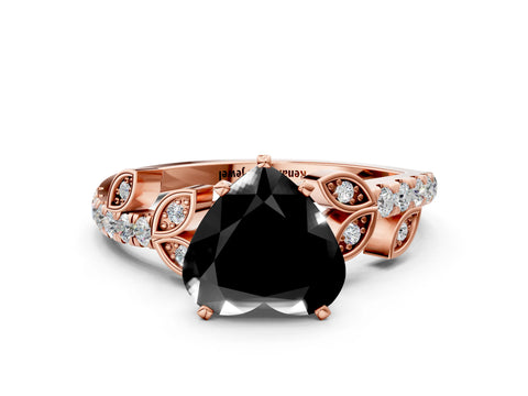 Rose gold Fancy Black Heart Cut Solitaire Leaf-Inspired Diamond Ring with Pavé Band and Four-Prong Setting