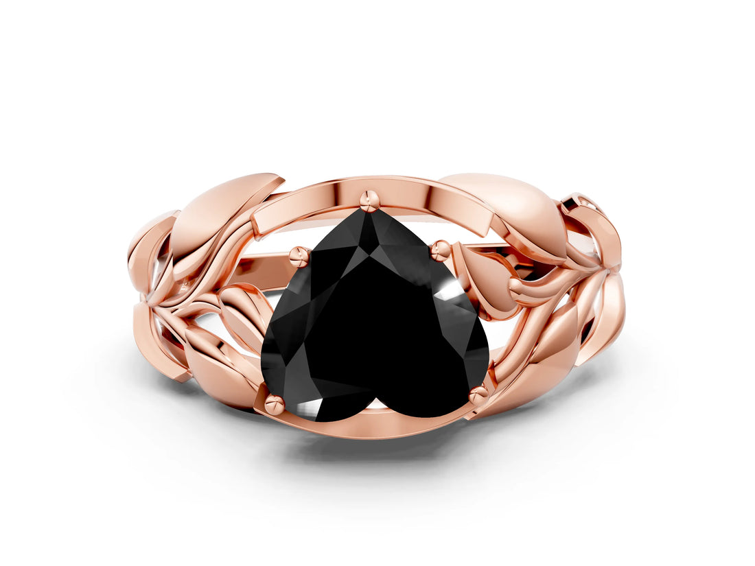 Rose gold Fancy Black Heart Cut Solitaire Leaf-Inspired Engagement Ring with Prong Setting_12