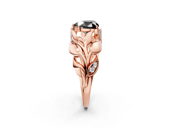 Rose Gold Heart-Shaped Leaf Bypass Engagement Ring Setting for Black Center with Pave Leaf Panels