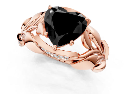 Rose gold Fancy Black Heart Cut Solitaire Leaf-Inspired Engagement Ring with Prong Setting_1