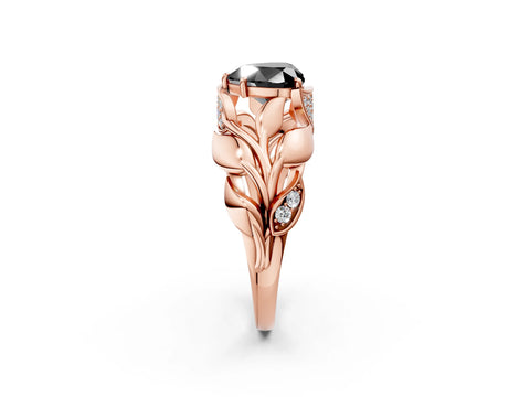 Rose gold Fancy Black Heart Cut Solitaire Leaf-Inspired Engagement Ring with Prong Setting_2