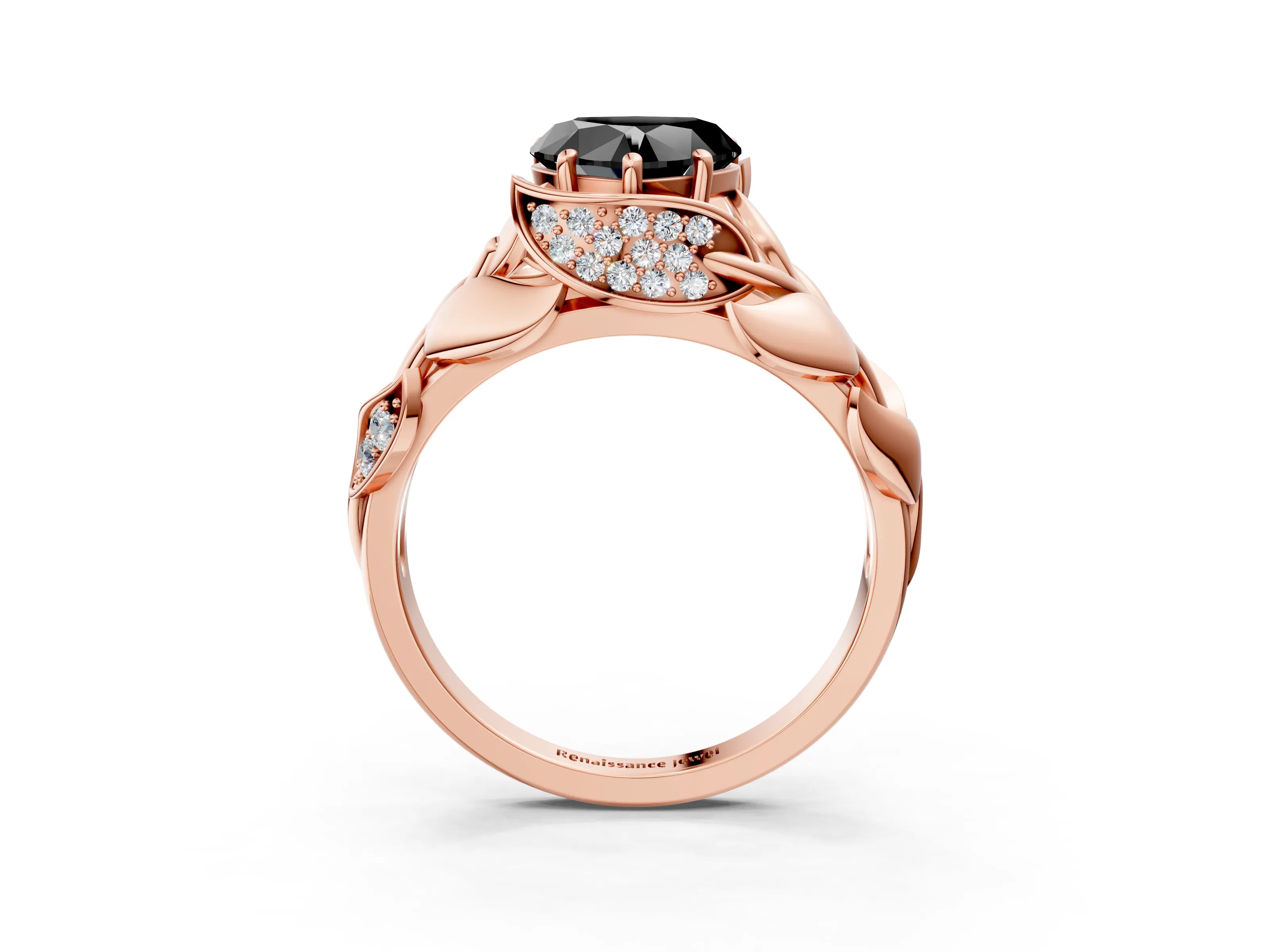 Rose gold Fancy Black Heart Cut Solitaire Leaf-Inspired Engagement Ring with Prong Setting_3
