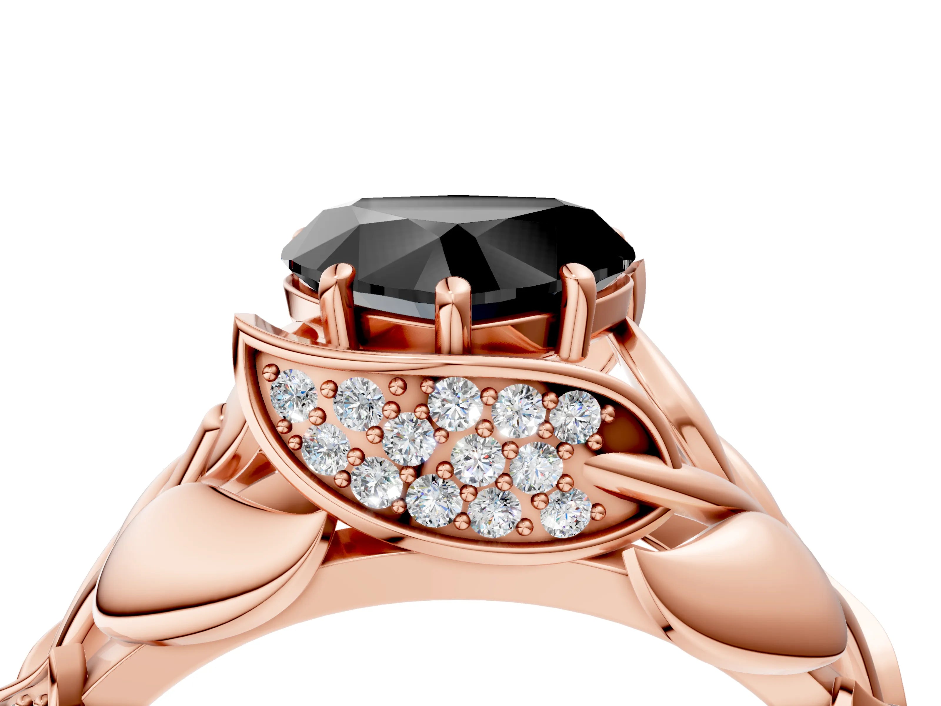 Rose gold Fancy Black Heart Cut Solitaire Leaf-Inspired Engagement Ring with Prong Setting_4