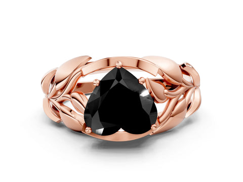 Rose gold Fancy Black Heart Cut Solitaire Leaf-Inspired Engagement Ring with Prong Setting