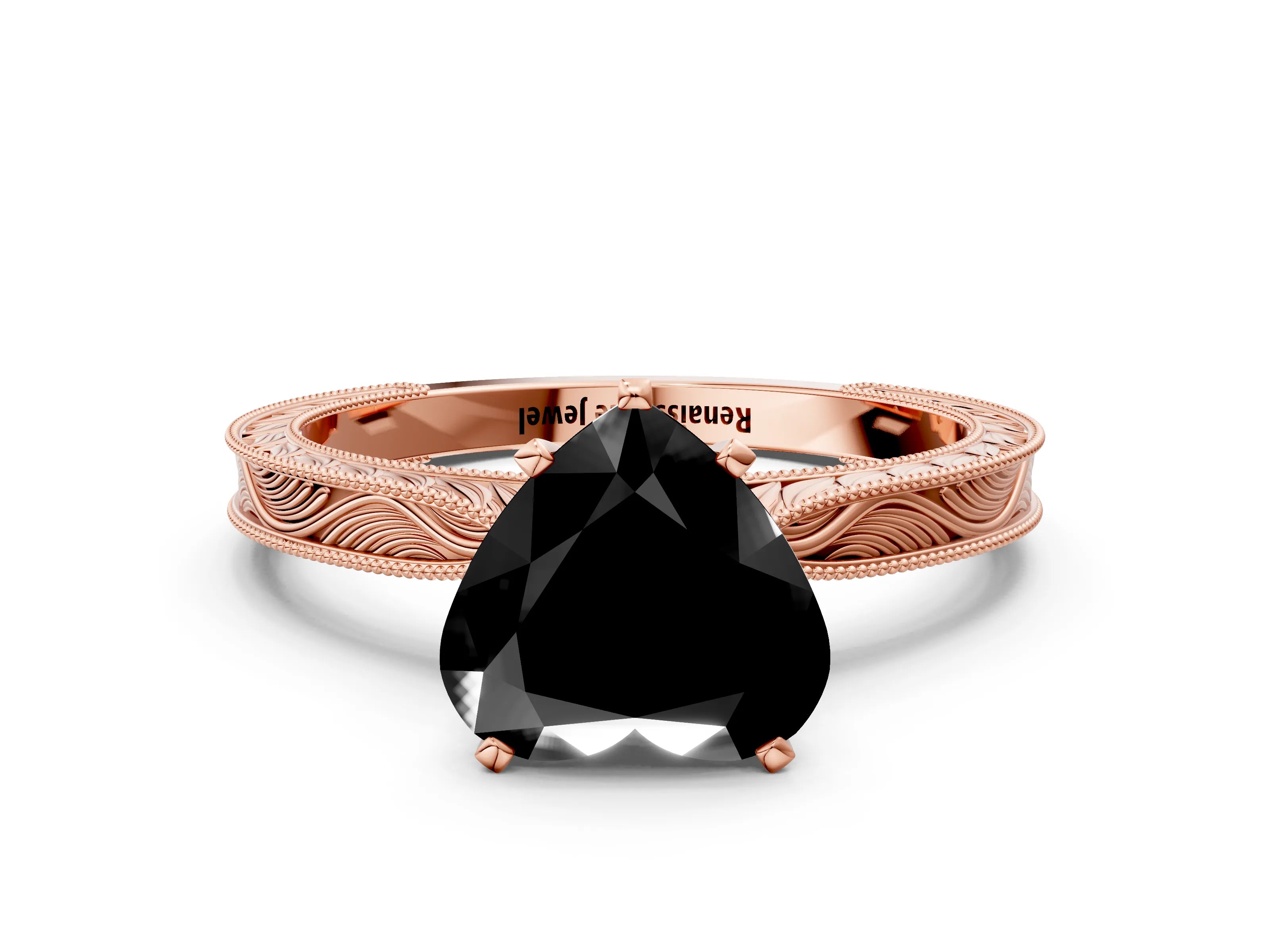 Rose gold Fancy Black Heart Cut Solitaire Milgrain Engraved Band with Four-Prong Setting
