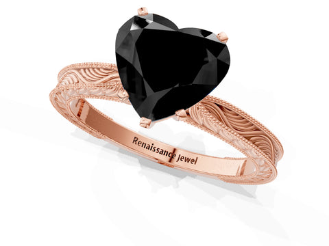 Rose gold Fancy Black Heart Cut Solitaire Milgrain Engraved Band with Four-Prong Setting_1
