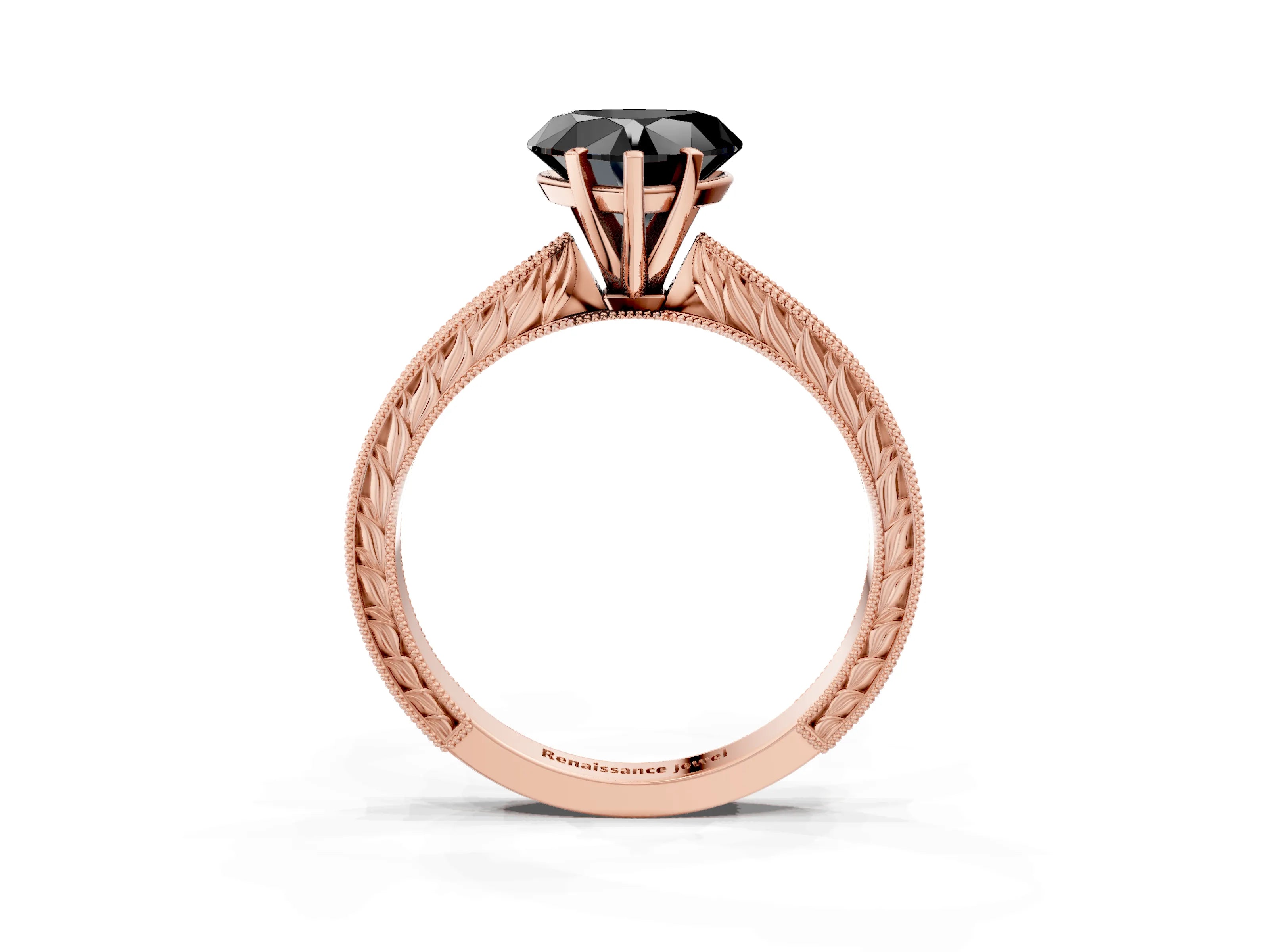 Rose gold Fancy Black Heart Cut Solitaire Milgrain Engraved Band with Four-Prong Setting_3