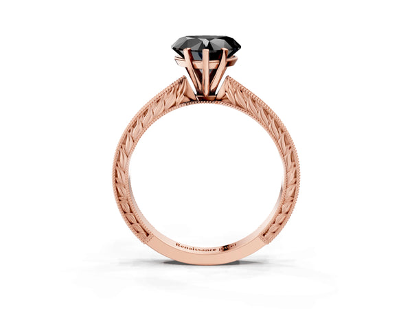 Rose gold Fancy Black Heart Cut Solitaire Milgrain Engraved Band with Four-Prong Setting