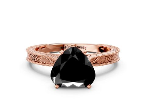 Rose gold Fancy Black Heart Cut Solitaire Milgrain Engraved Band with Four-Prong Setting