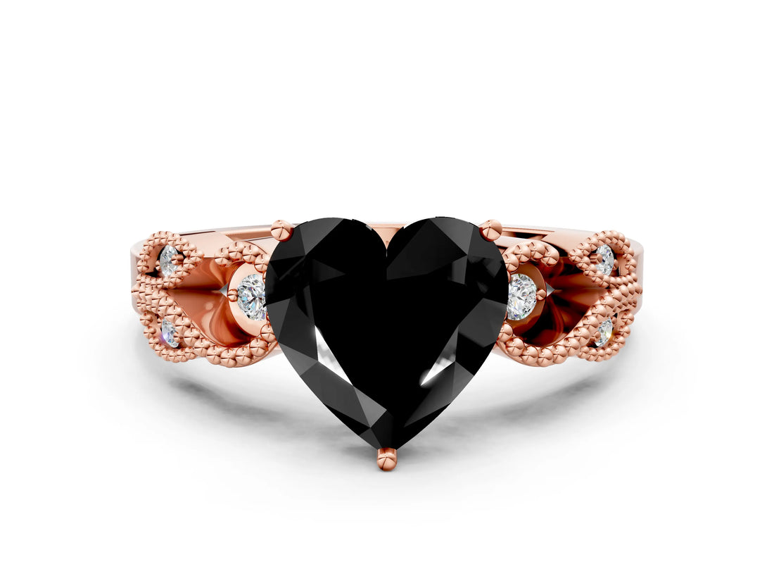 Rose gold Fancy Black Heart Cut Solitaire Milgrain Leaf Band with Prong Setting