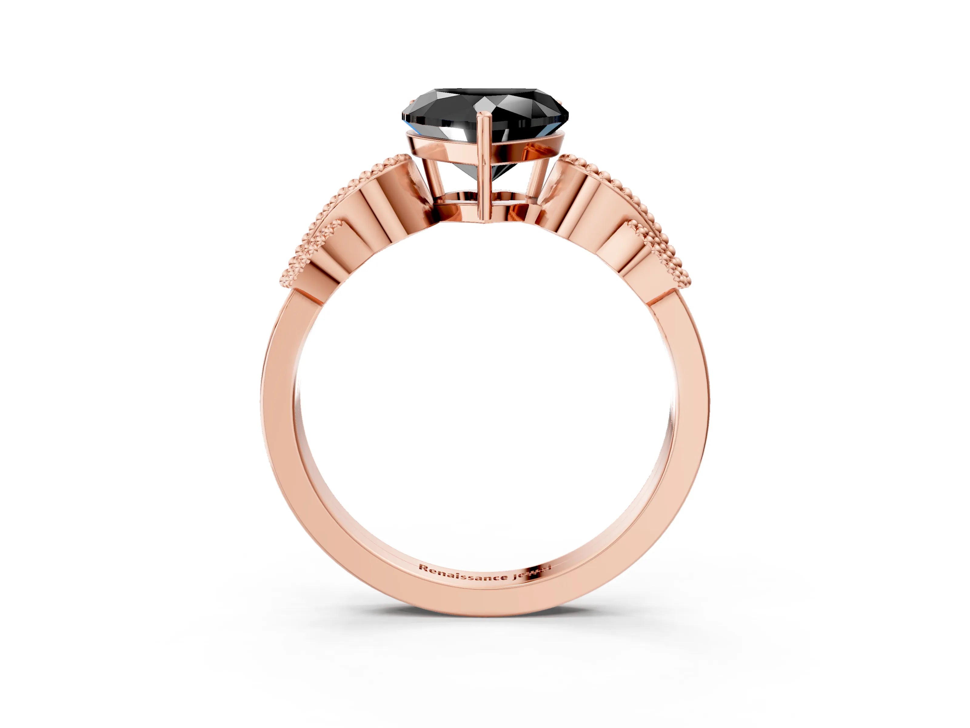 Rose gold Fancy Black Heart Cut Solitaire Milgrain Leaf Band with Prong Setting_3