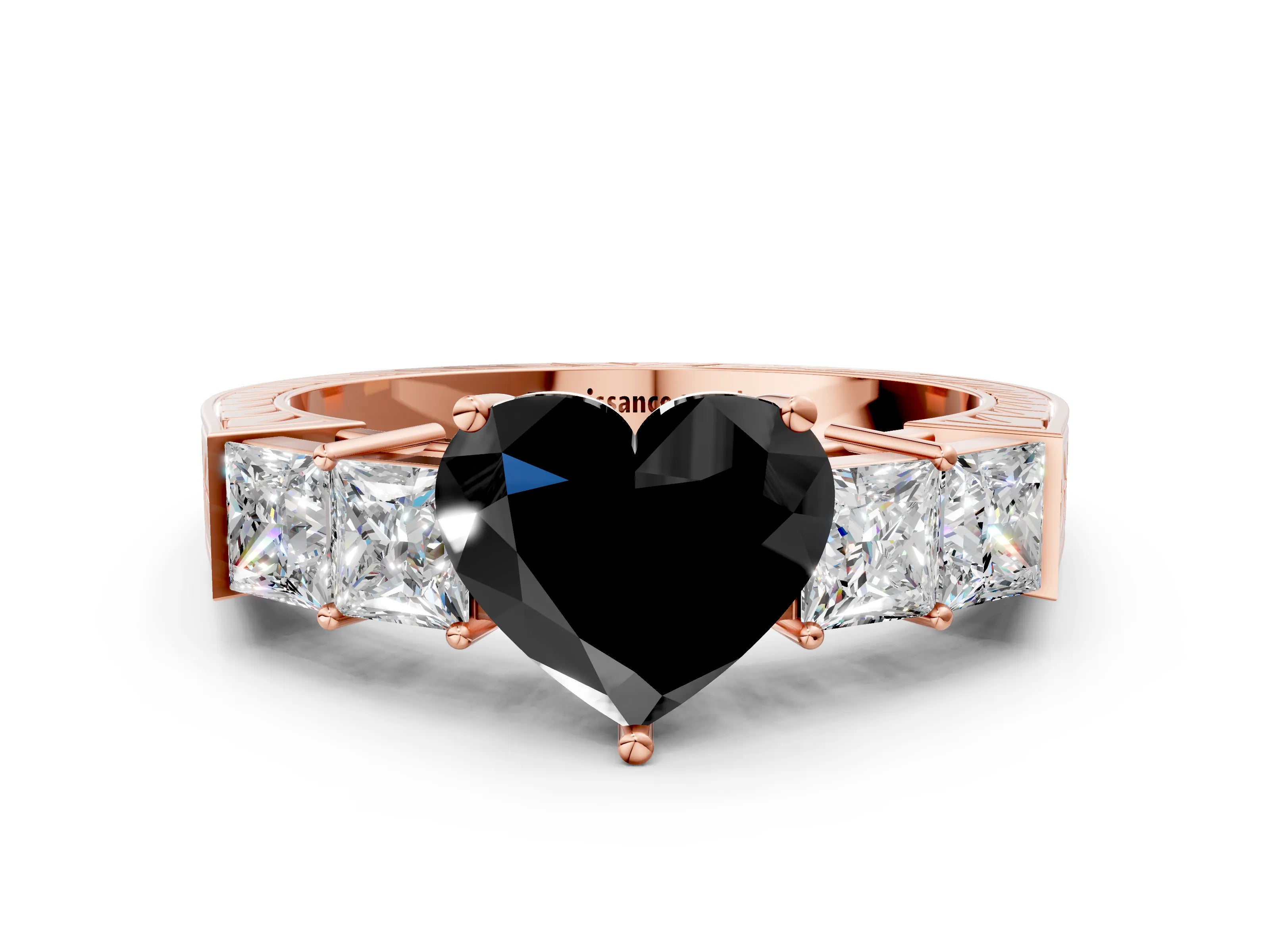 Rose gold Fancy Black Heart Cut Solitaire Princess Side Stone Engraved Band Prong Setting Ring