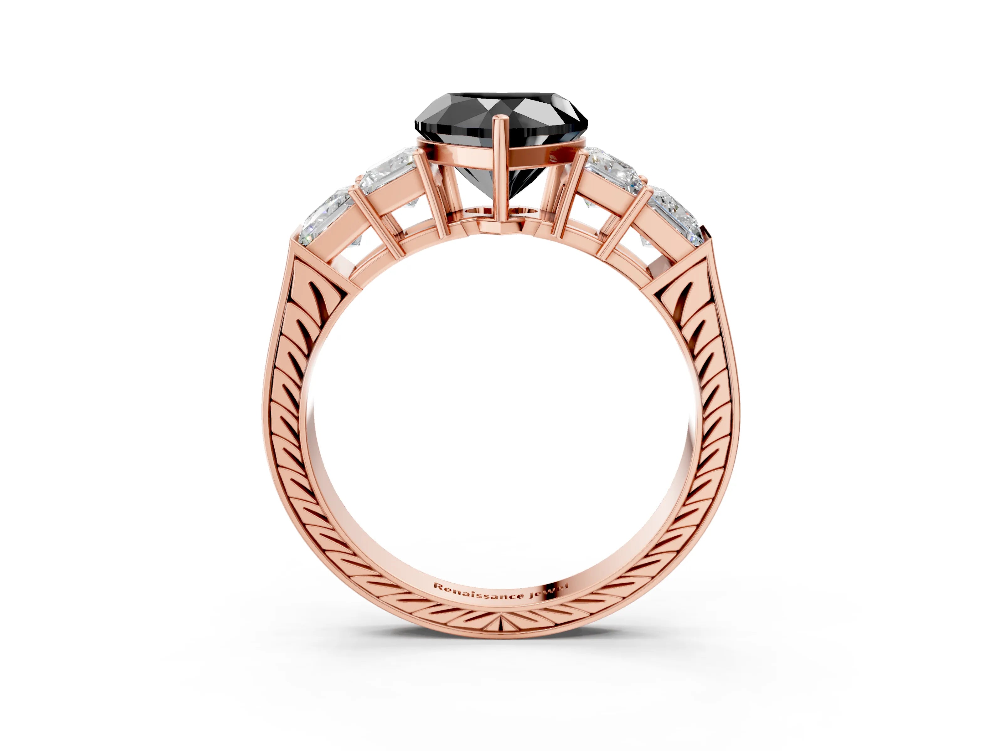 Rose gold Fancy Black Heart Cut Solitaire Princess Side Stone Engraved Band Prong Setting Ring_3