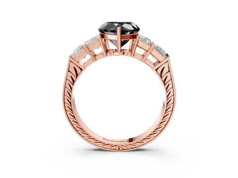 Rose gold Fancy Black Heart Cut Solitaire Princess Side Stone Engraved Band Prong Setting Ring_3