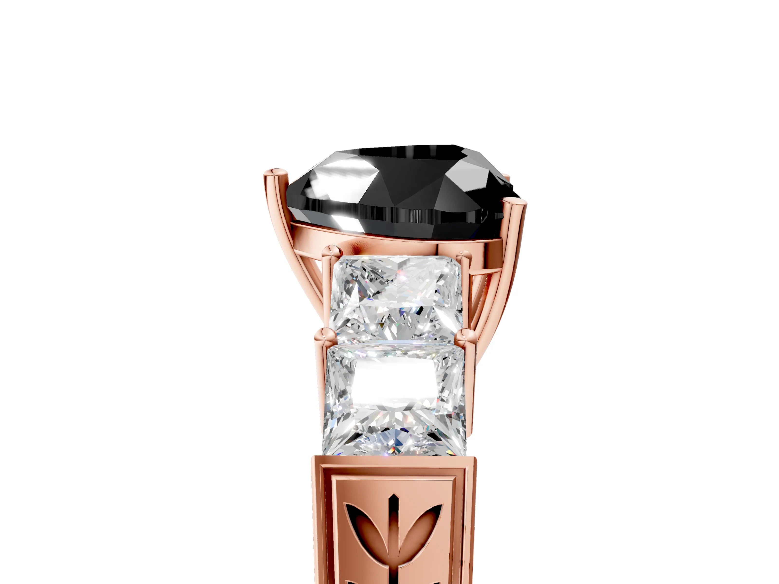 Rose gold Fancy Black Heart Cut Solitaire Princess Side Stone Engraved Band Prong Setting Ring_5